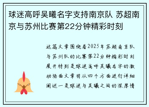 球迷高呼吴曦名字支持南京队 苏超南京与苏州比赛第22分钟精彩时刻 球迷高呼吴曦名字支持南京队 苏超南京与苏州比赛第22分钟精彩时刻