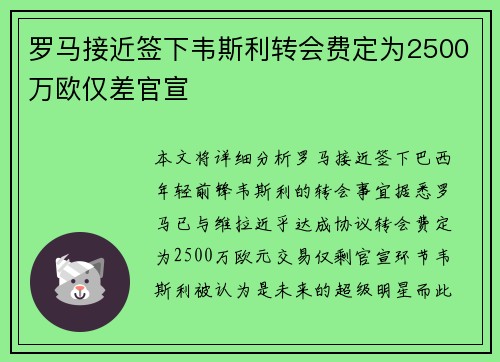 罗马接近签下韦斯利转会费定为2500万欧仅差官宣 罗马接近签下韦斯利转会费定为2500万欧仅差官宣